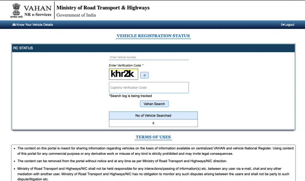 Enter the Vehicle Registration Number